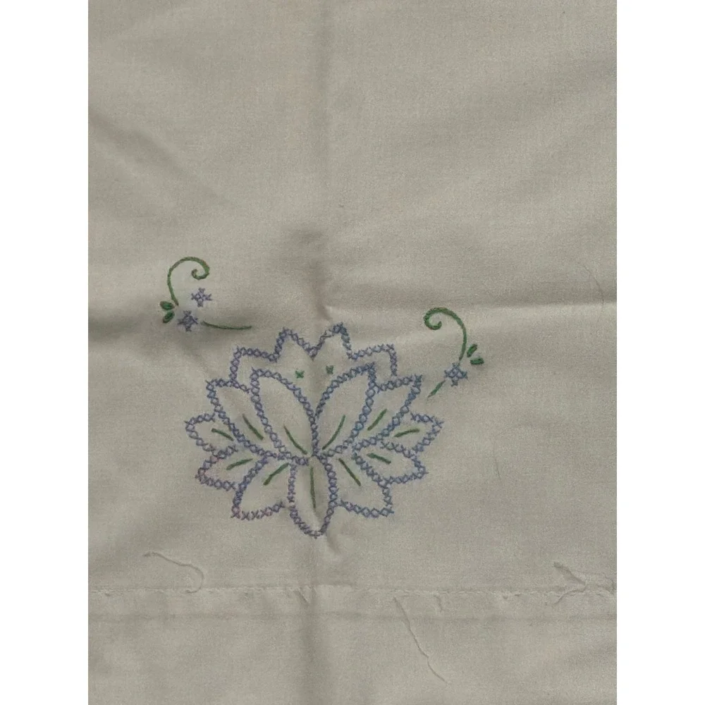 Vintage Hand Embroidered Single Pillowcase Blue Lotus Flower Cottagecore Bedding